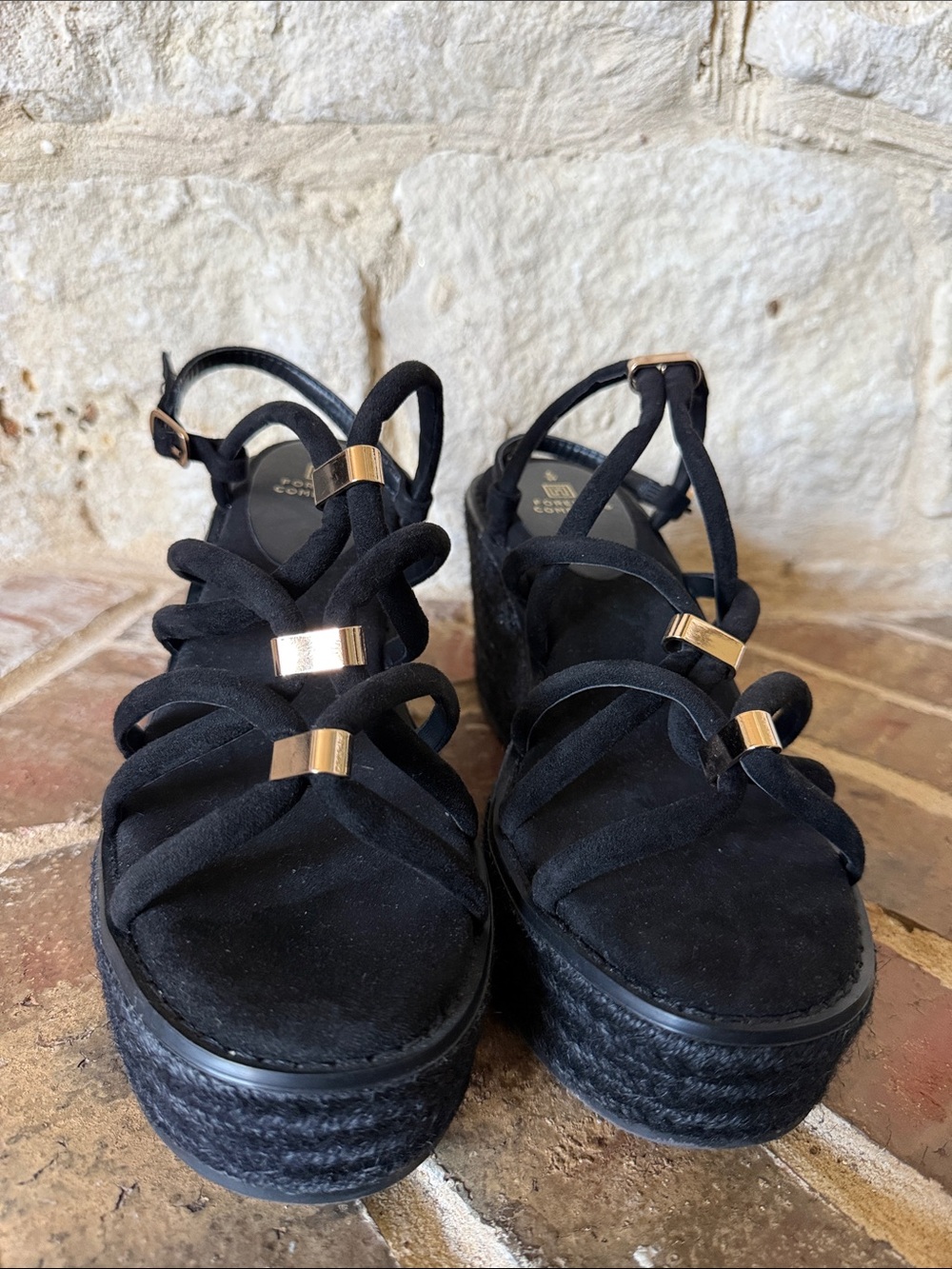 Forever Comfort Black Suede Strappy Platform Wedge Sandals with Gold Accents